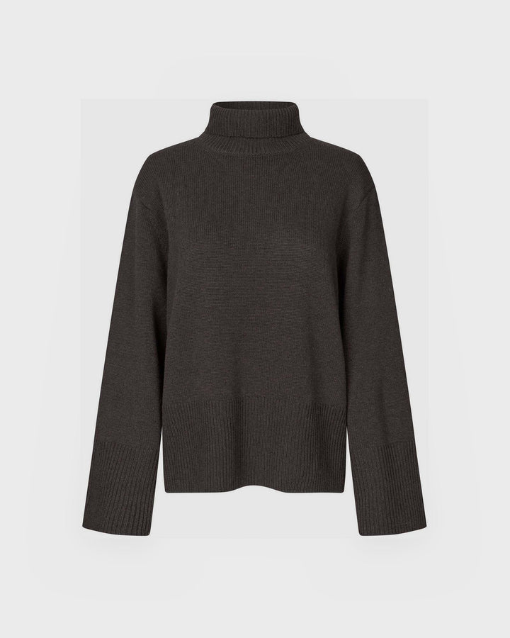 Second Female Pullover Alpha Knit T-Neck Dark Brown Melange