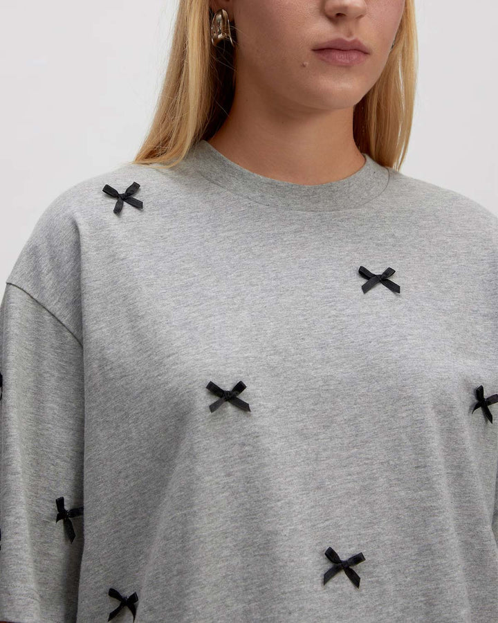 Iolana T-shirt Grey Melange + Black Bows