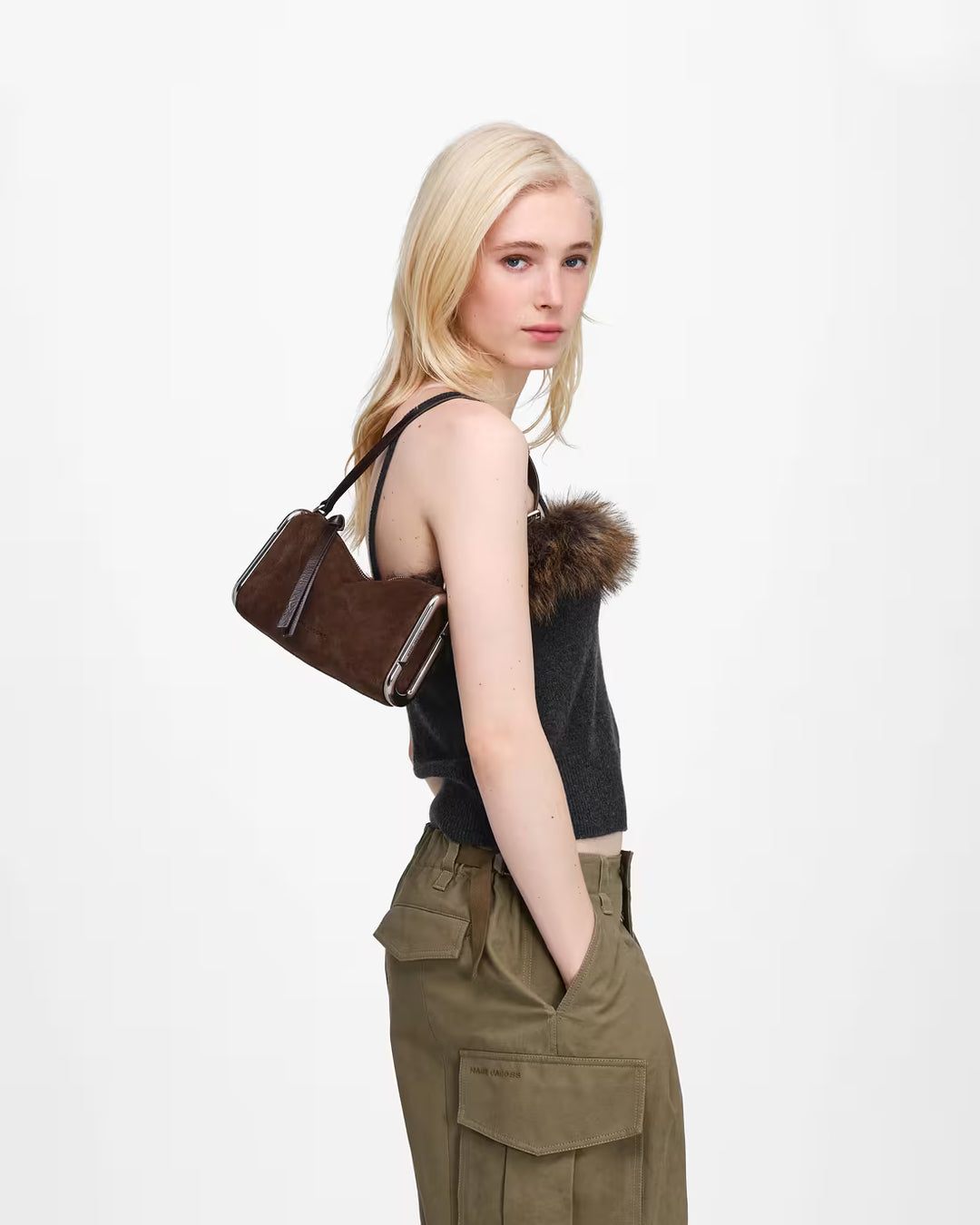 Scene Small Shoulder Bag Suede Dark Brow